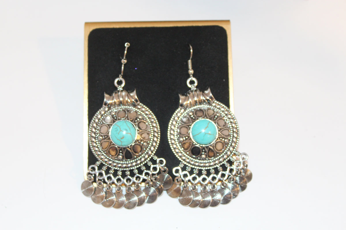 Earrings - Bohemian Antique Silver Earrings with Turquoise Stone Accent