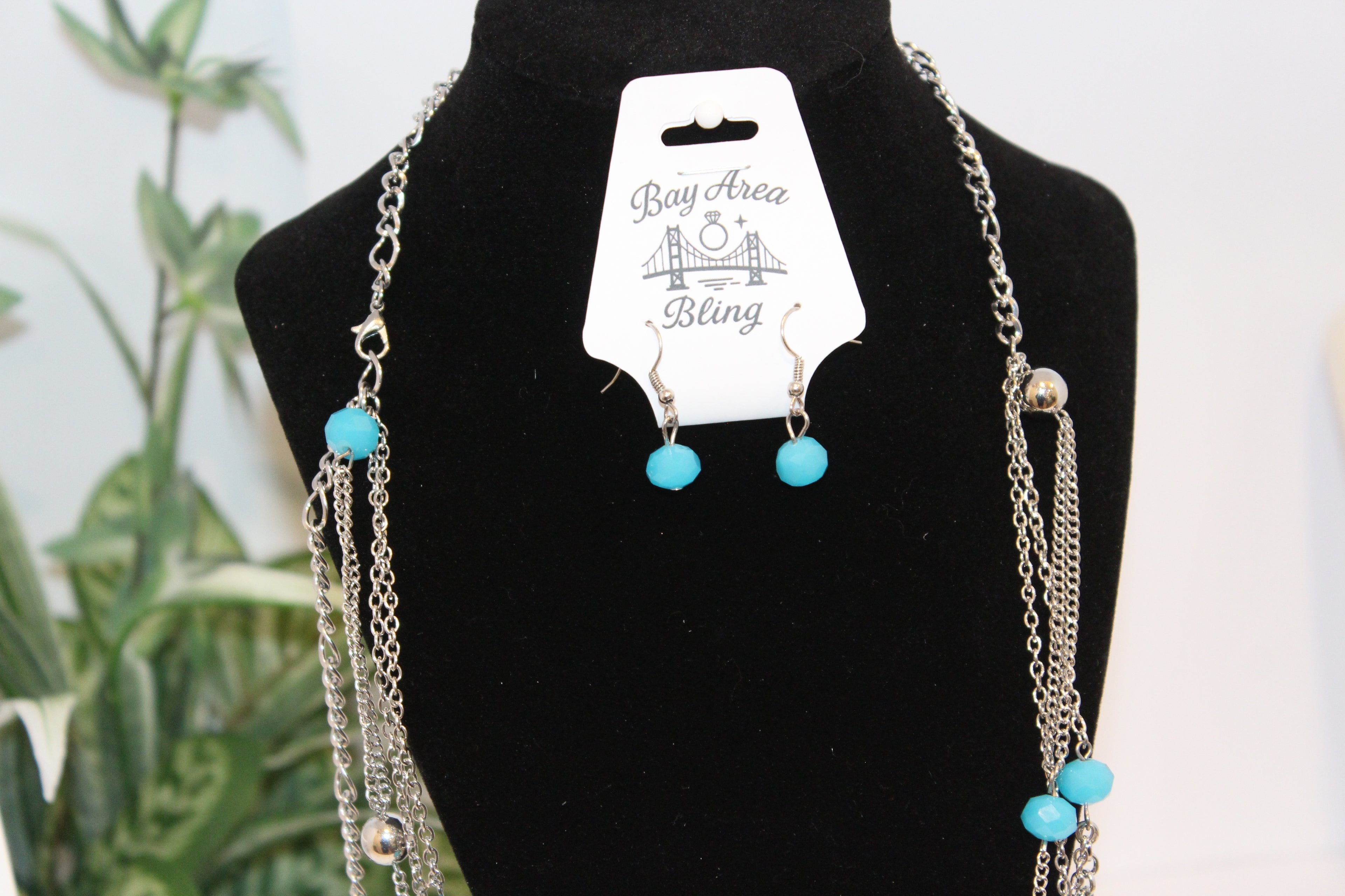 Earrings/Necklace Combo - Layered Silver Chain Necklace & Earring Set with Turquoise Beads