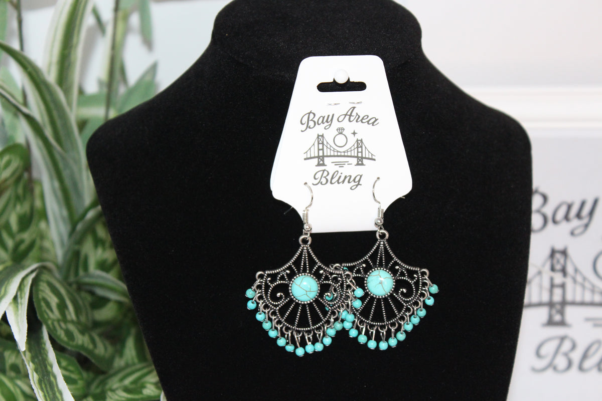 Earrings - Turquoise Beaded Filigree Dangle Earrings
