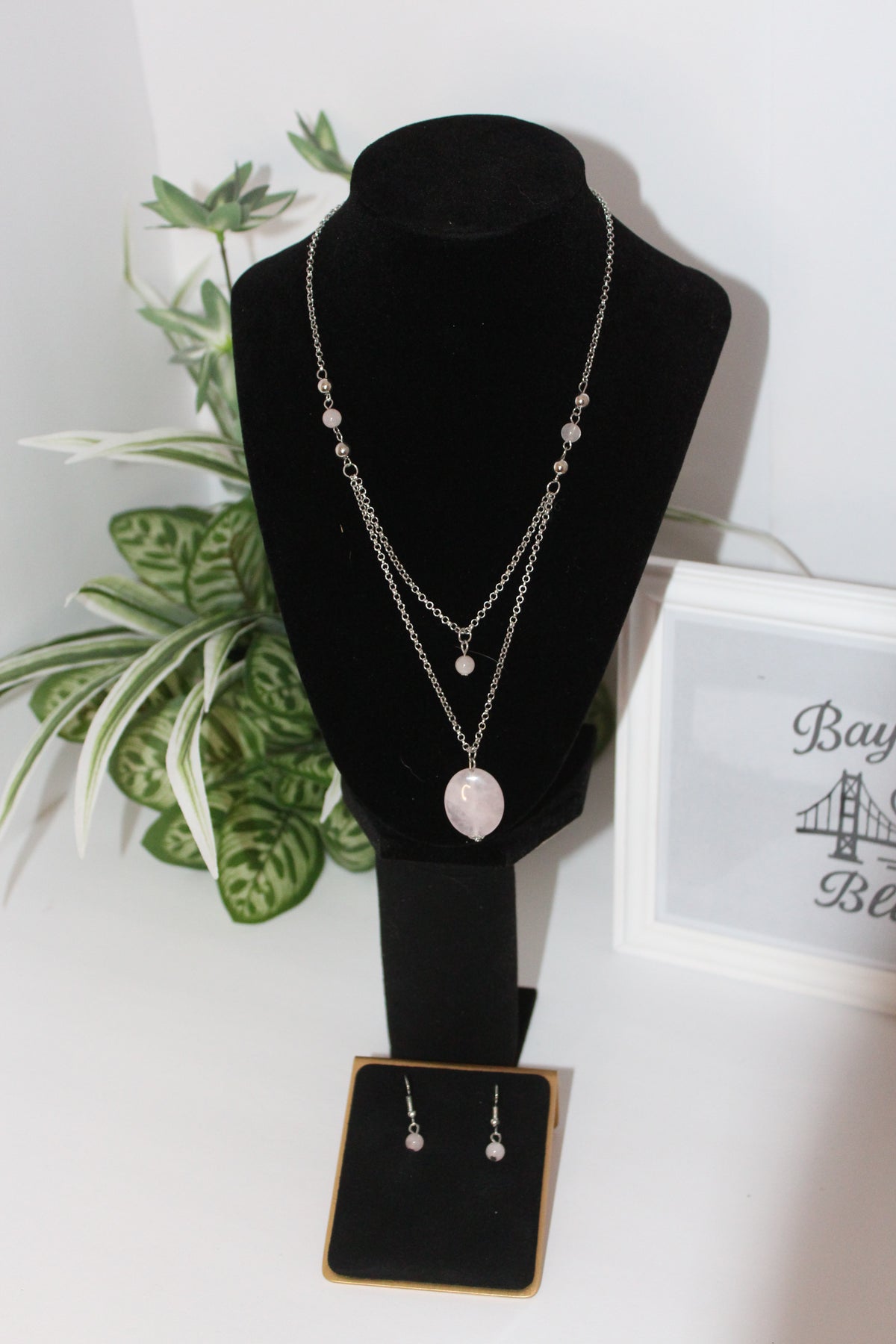 Earrings/Necklace Combo - Rose Quartz Layered Necklace & Earring Set