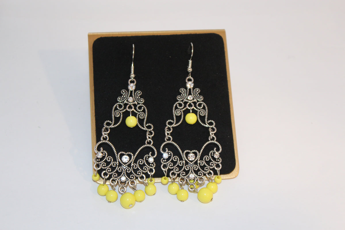 Earrings - Vintage-Inspired Filigree Chandelier Earrings with Yellow Beads