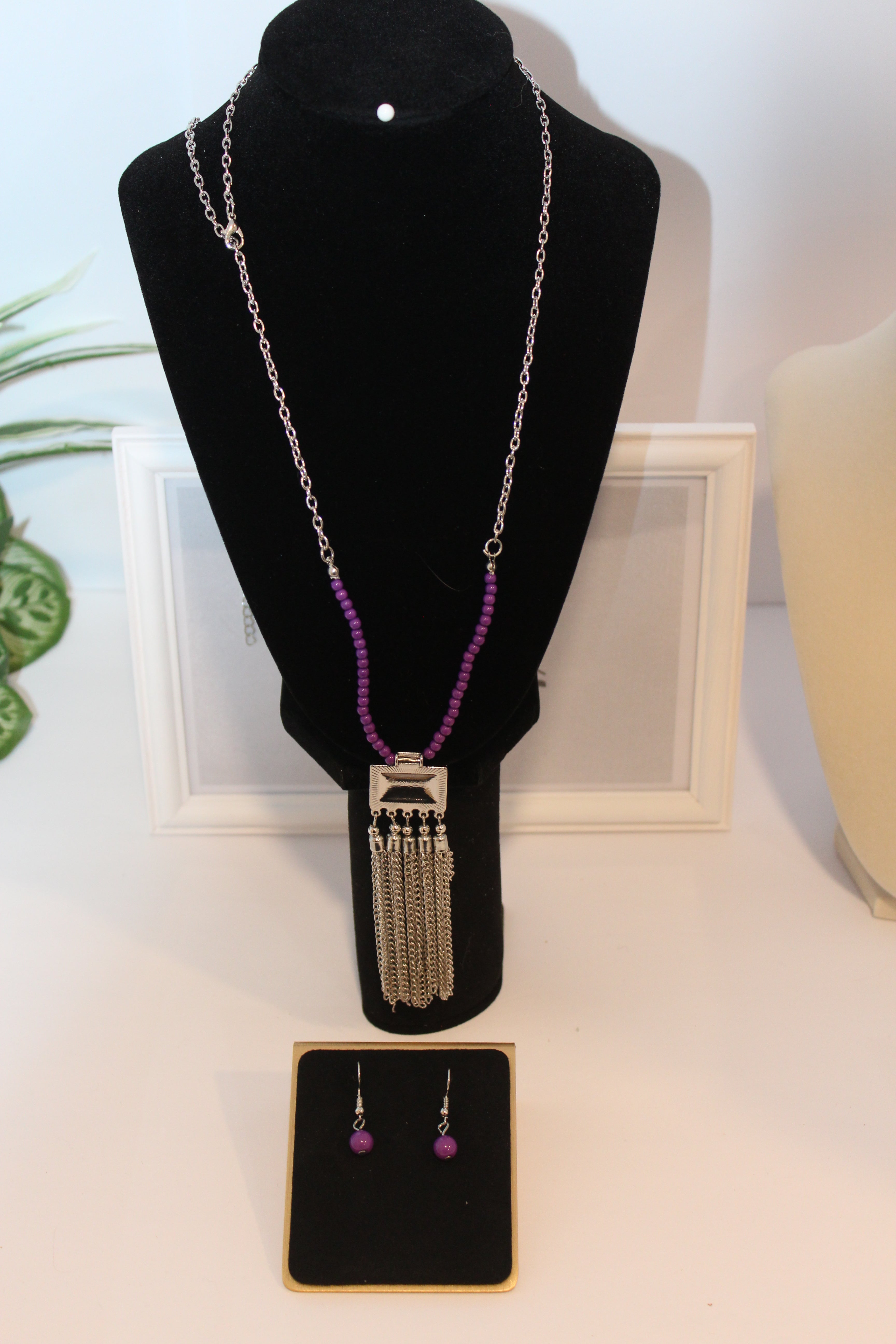 Earrings/Necklace Combo - Purple Beaded Tassel Necklace & Earring Set