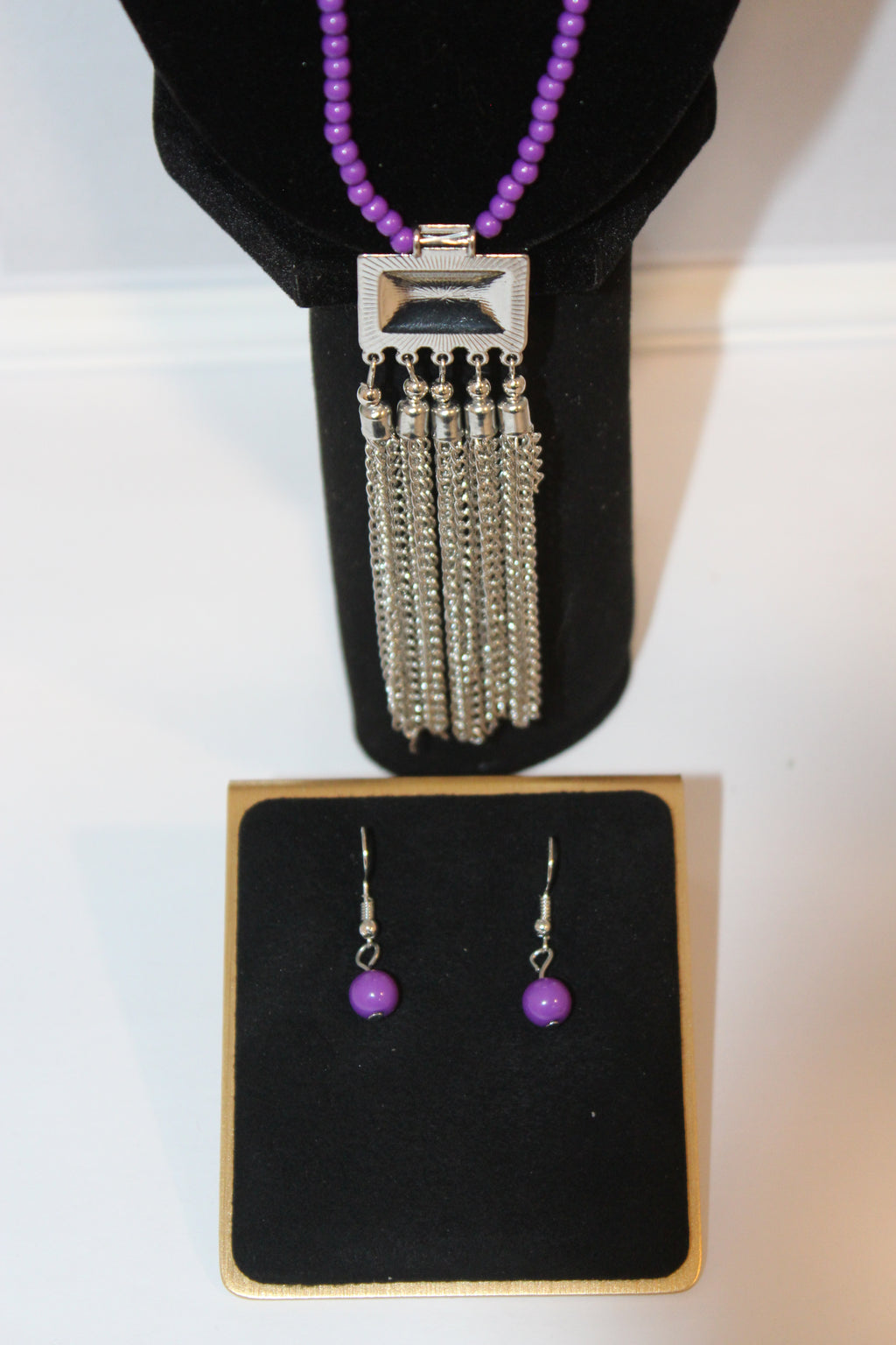 Earrings/Necklace Combo - Purple Beaded Tassel Necklace & Earring Set
