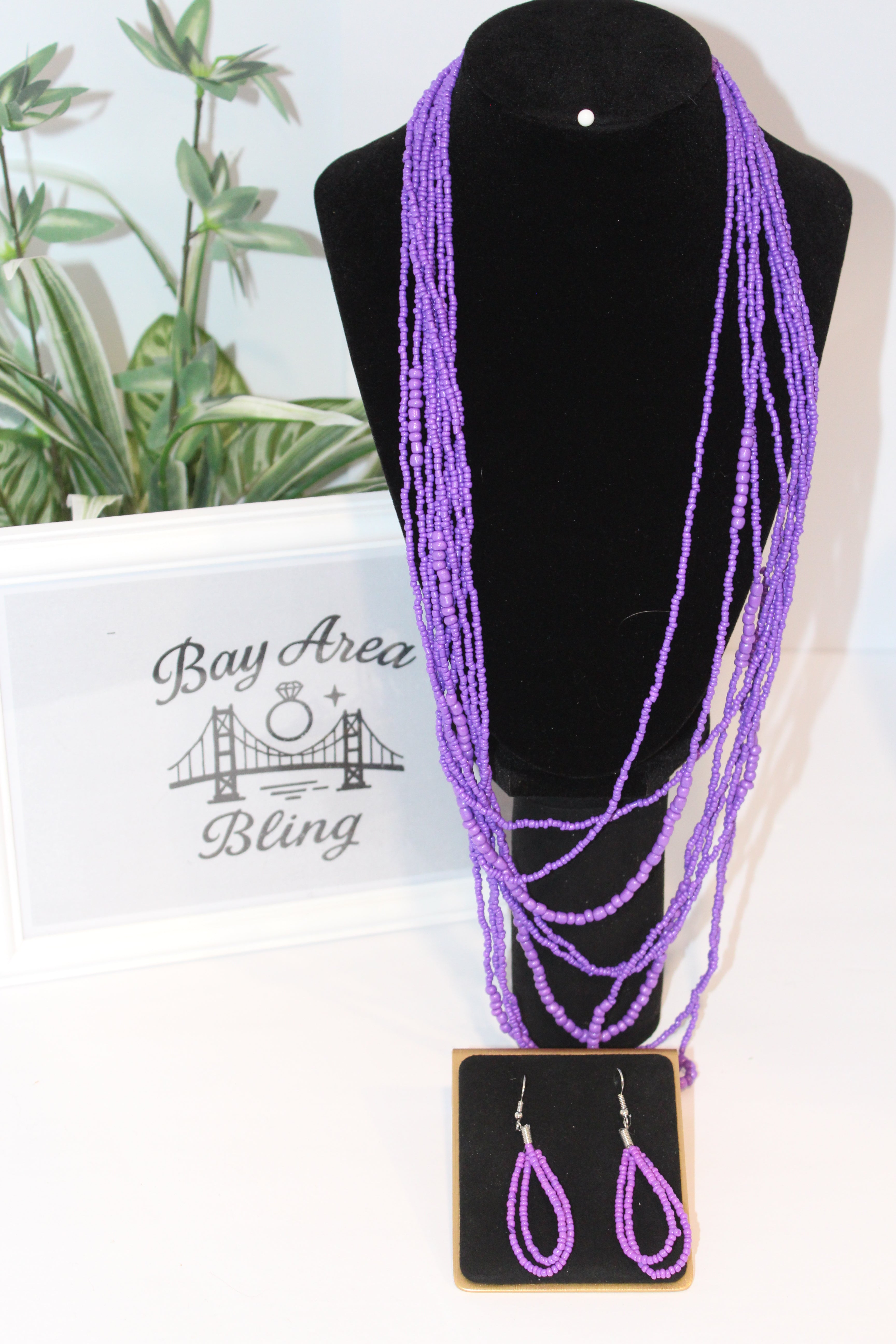 Earrings/Necklace Combo - Vibrant Purple Multi-Strand Beaded Necklace & Earring Set