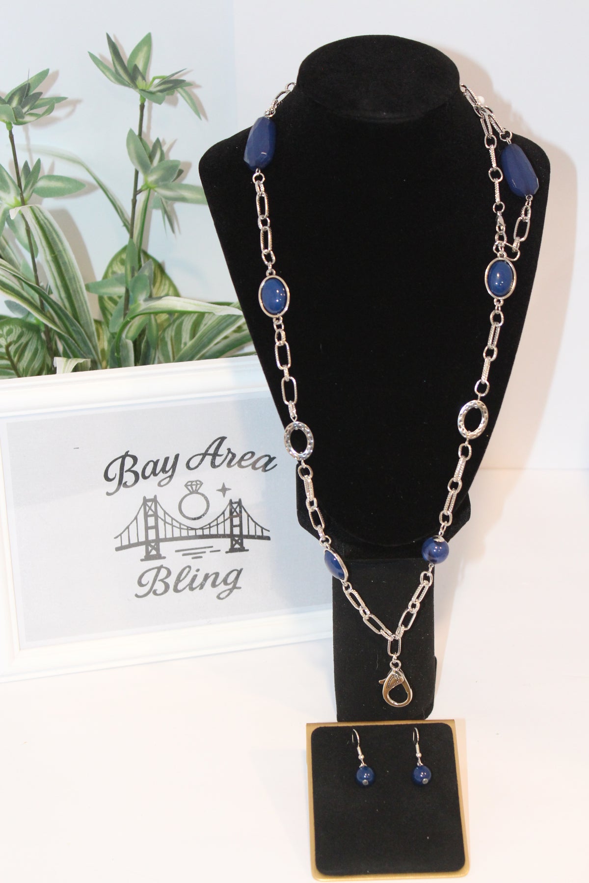 Earrings/Necklace Combo - Silver & Navy Bead Necklace and Earring Set