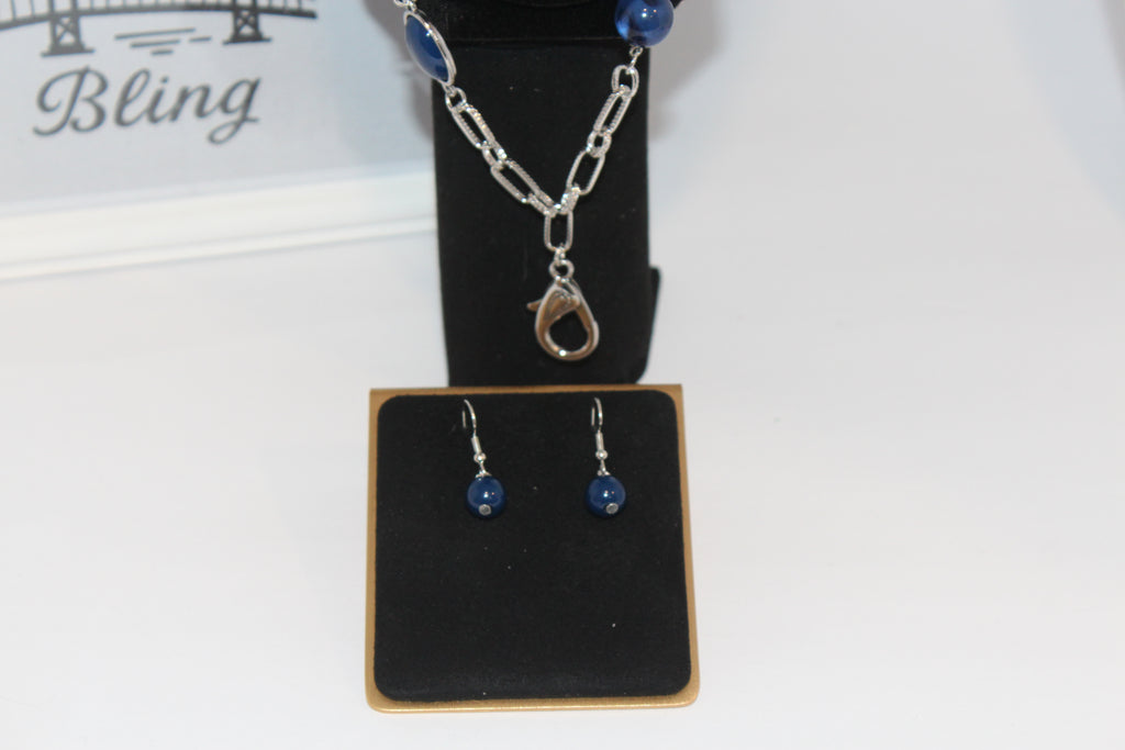 Earrings/Necklace Combo - Silver & Navy Bead Necklace and Earring Set
