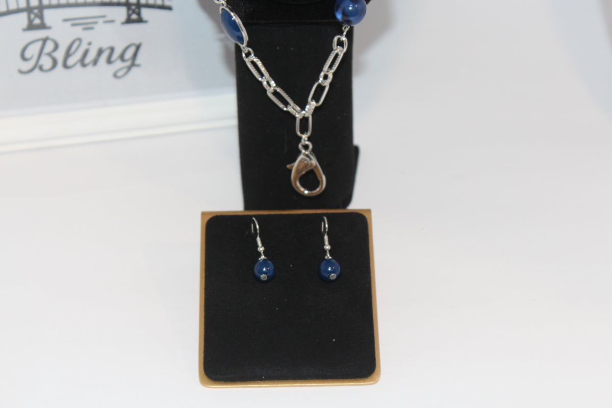 Earrings/Necklace Combo - Silver & Navy Bead Necklace and Earring Set