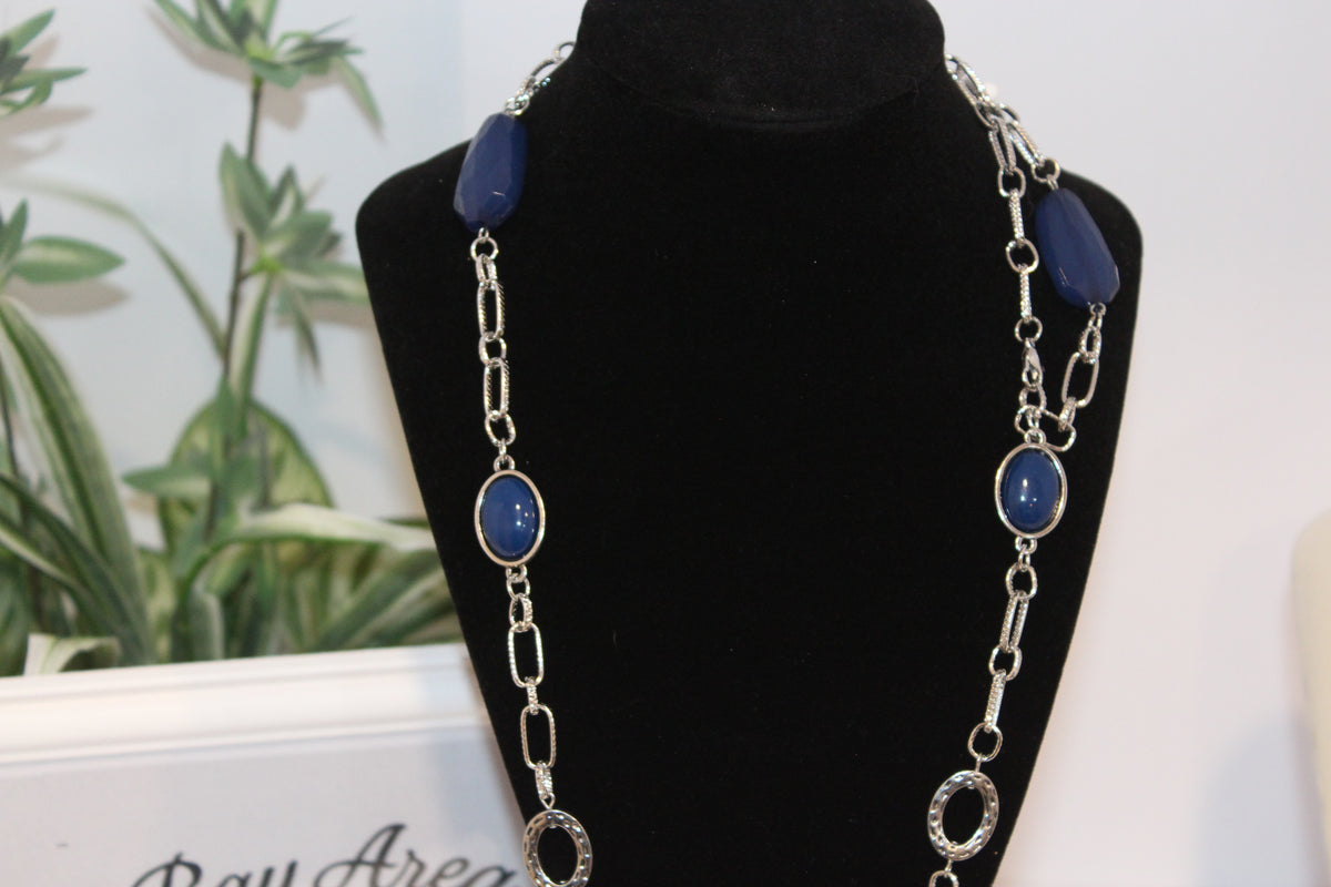 Earrings/Necklace Combo - Silver & Navy Bead Necklace and Earring Set