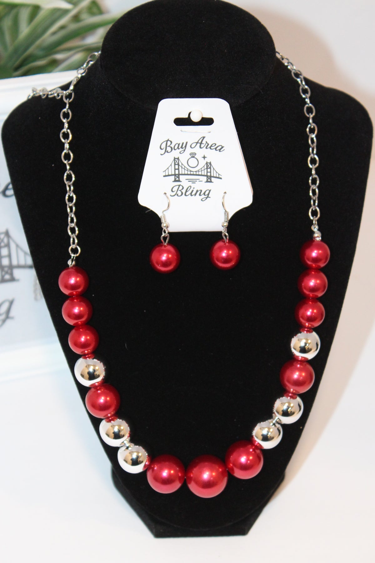 Earrings/Necklace Combo - Red and Silver Beaded Statement Necklace Set
