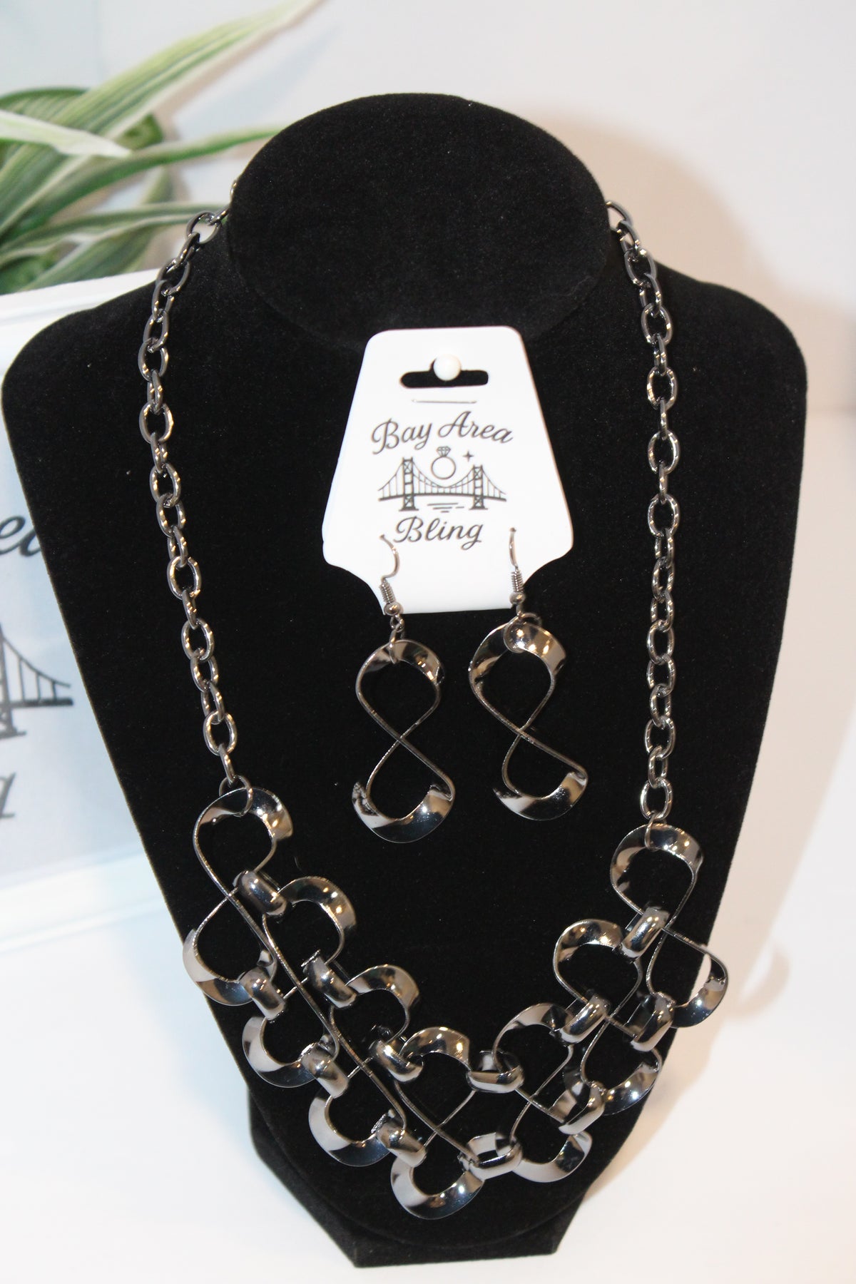 Earrings/Necklace Combo - Black Gunmetal Infinity Link Necklace Set