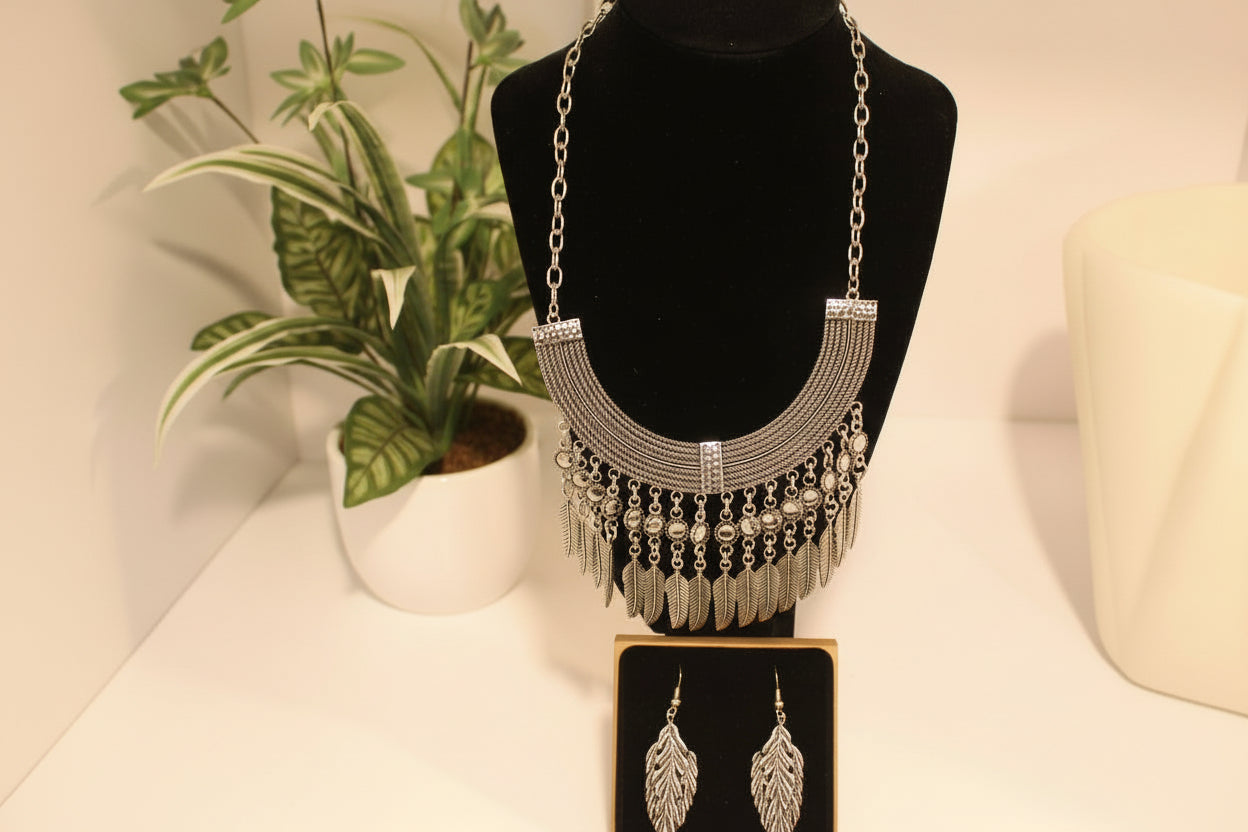 Earrings/Necklace Combo - Antique Silver Feather Fringe Statement Necklace Set