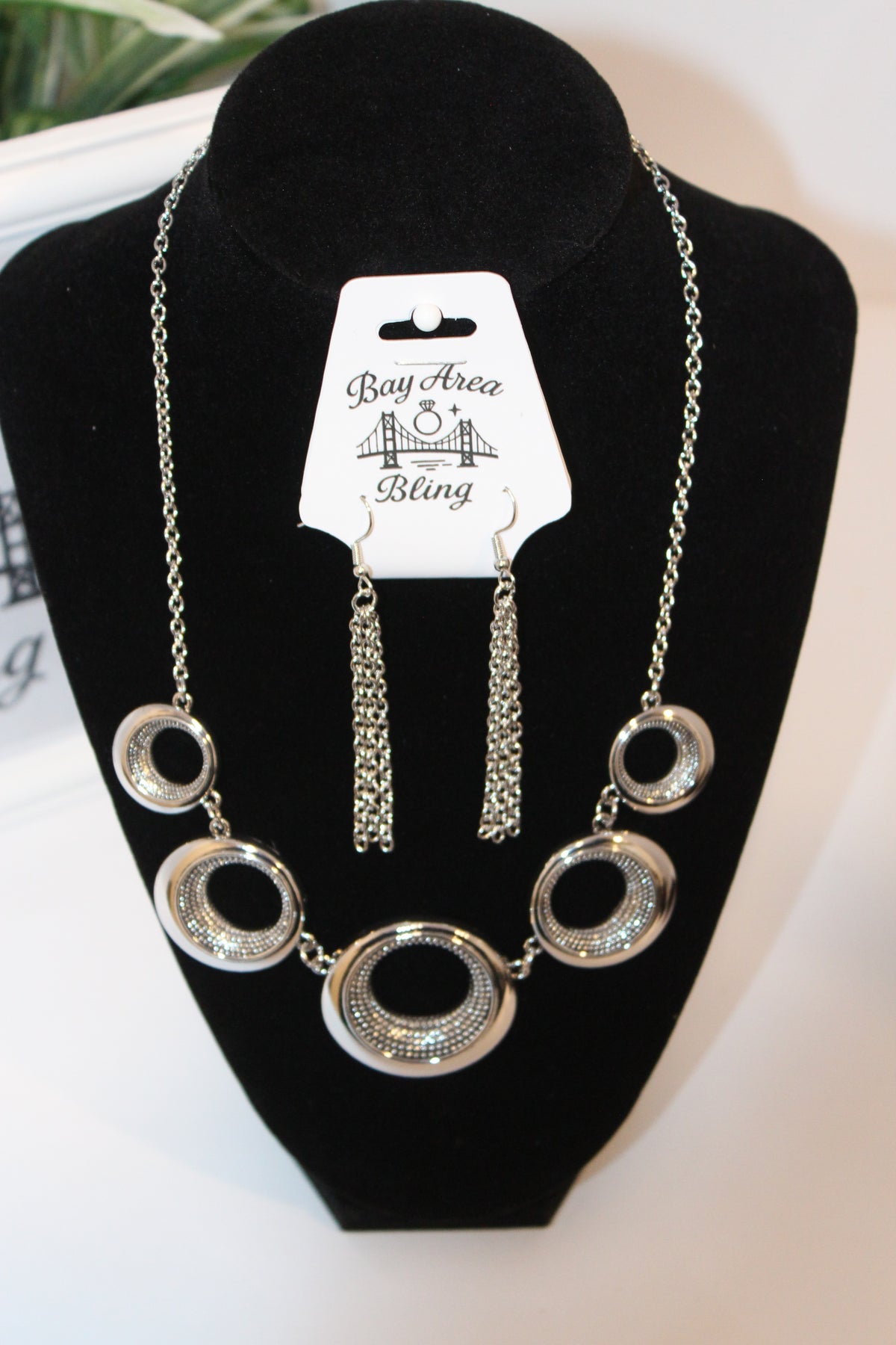 Earrings/Necklace Combo - Silver Textured Circle Necklace & Chain Tassel Earring Set