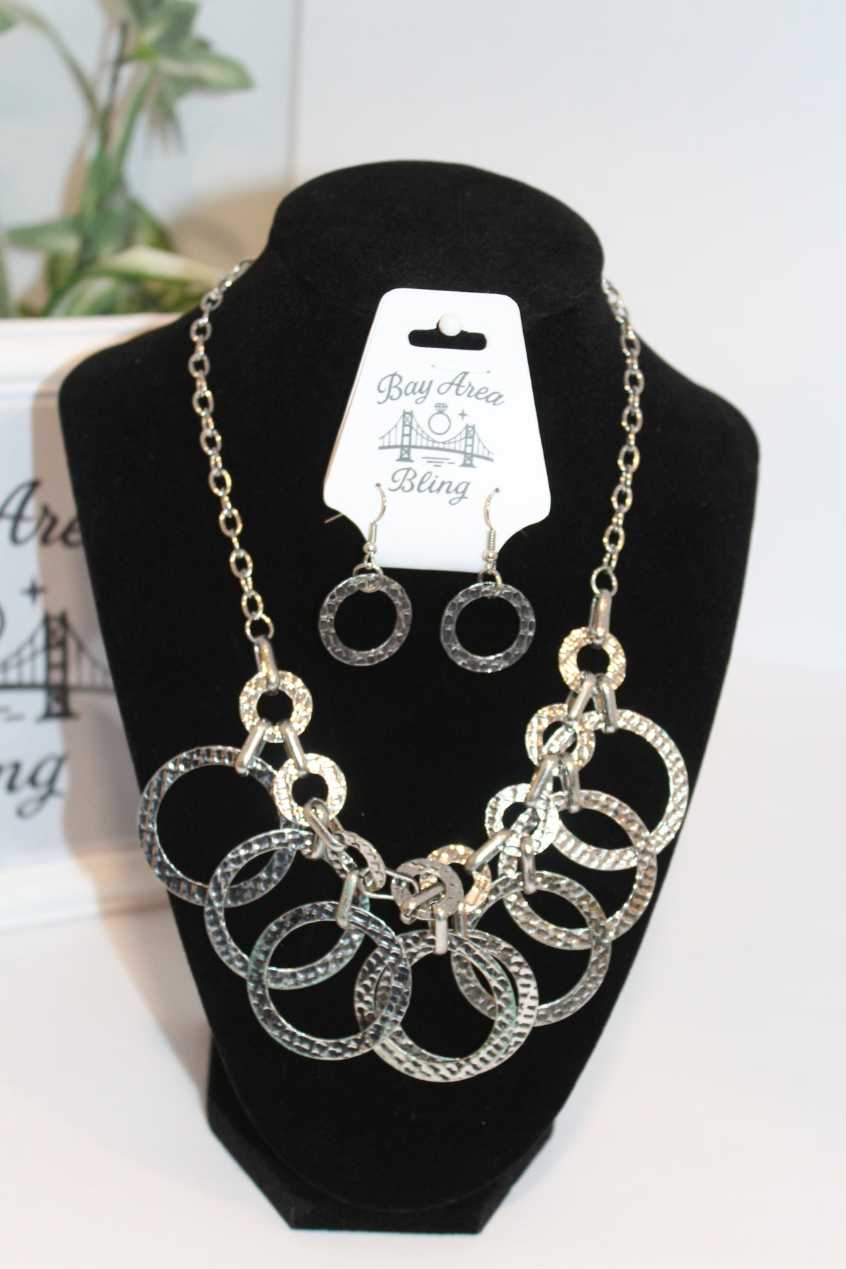 Earrings/Necklace Combo -Hammered Silver Circle Statement Necklace Set
