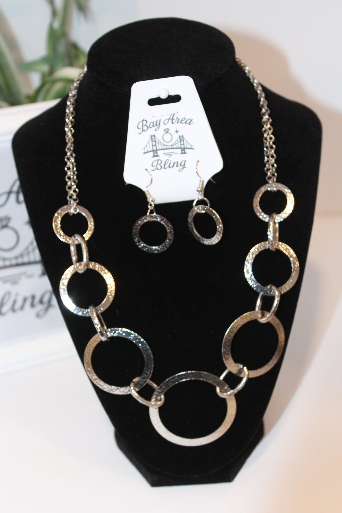 Earrings/Necklace Combo - Silver Hammered Circle Necklace & Earring Set