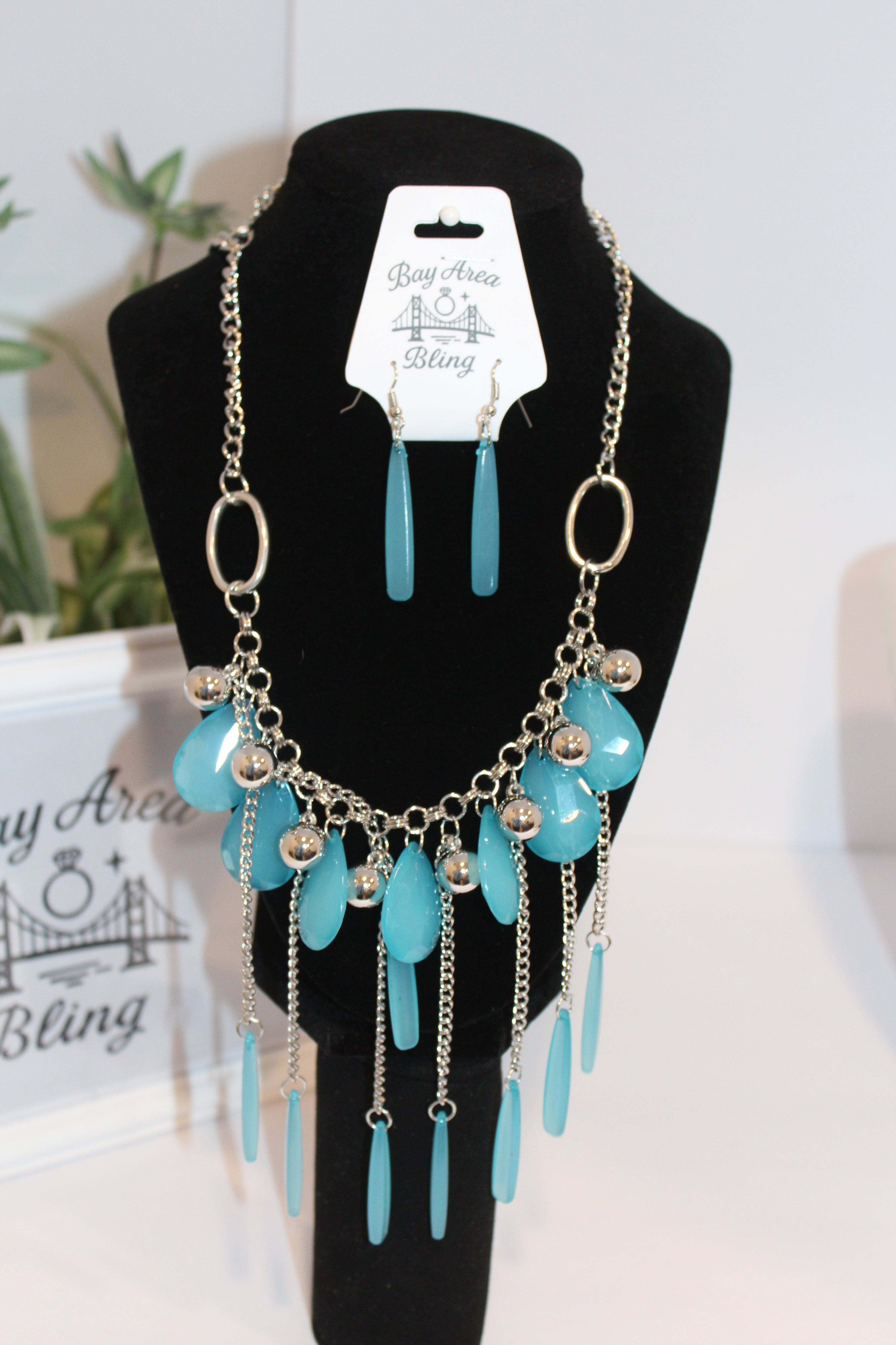Earrings/Necklace Combo - Aqua Teardrop Statement Necklace & Earring Set