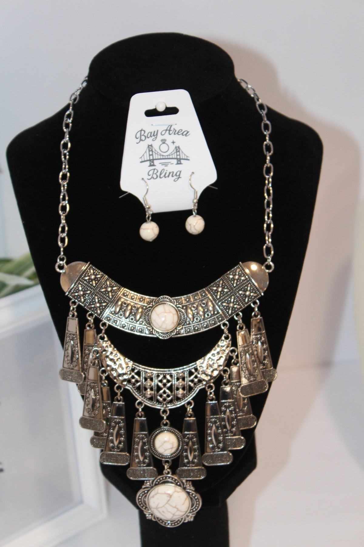 Earrings/Necklace Combo - Antique Silver and White Stone Statement Necklace Set