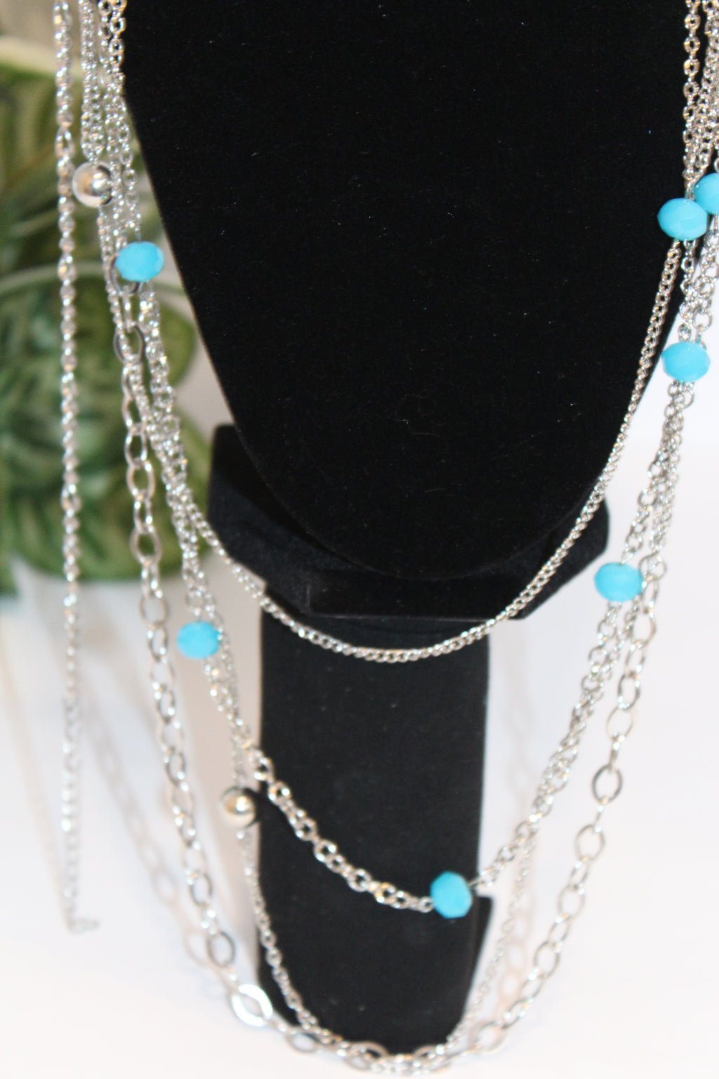 Earrings/Necklace Combo - Layered Silver Chain Necklace & Earring Set with Turquoise Beads