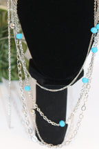 Earrings/Necklace Combo - Layered Silver Chain Necklace & Earring Set with Turquoise Beads