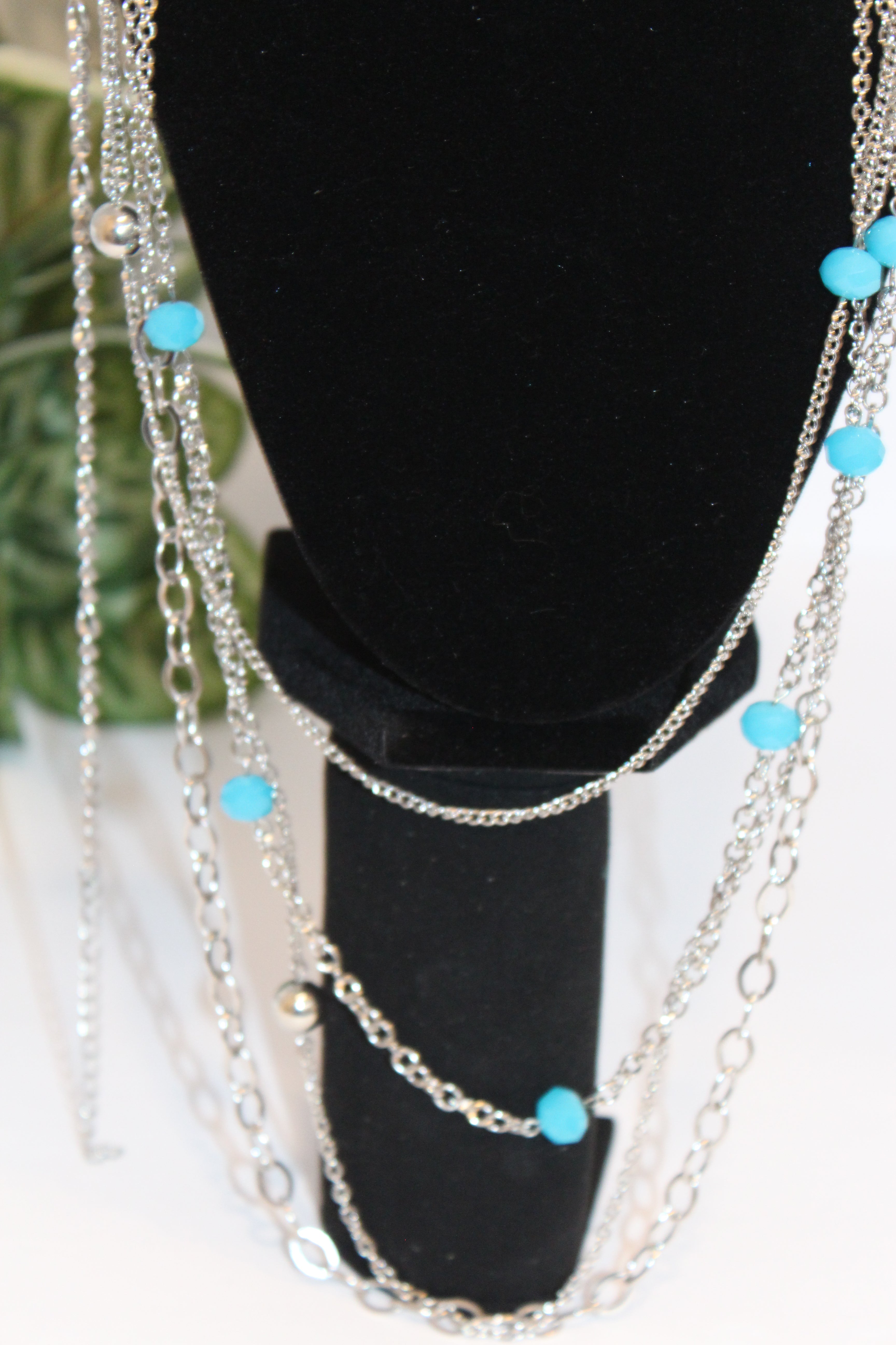 Earrings/Necklace Combo - Layered Silver Chain Necklace & Earring Set with Turquoise Beads