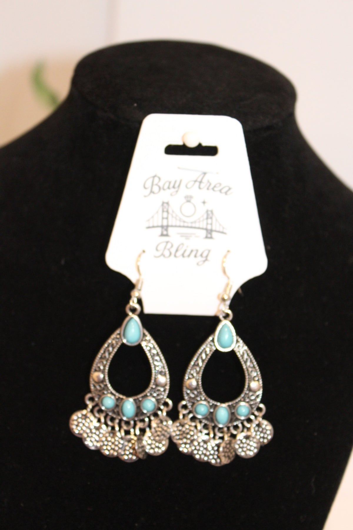 Earrings-Boho Silver Teardrop Earrings with Turquoise Accents