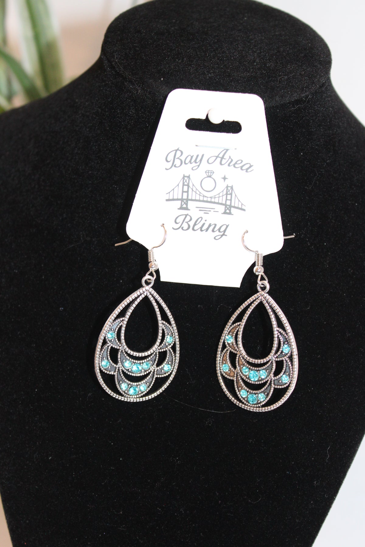 Earrings- Teardrop Filigree Earrings with Aqua Crystals