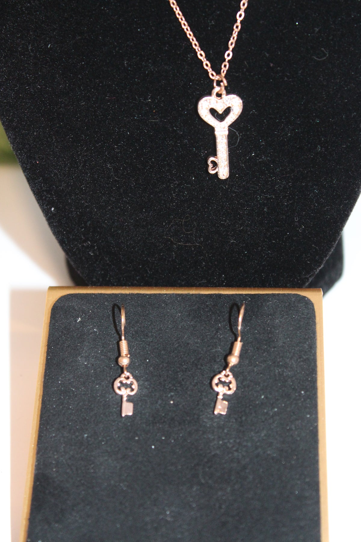 Jewelry Set - Rose Gold Heart Key Necklace & Earring Set