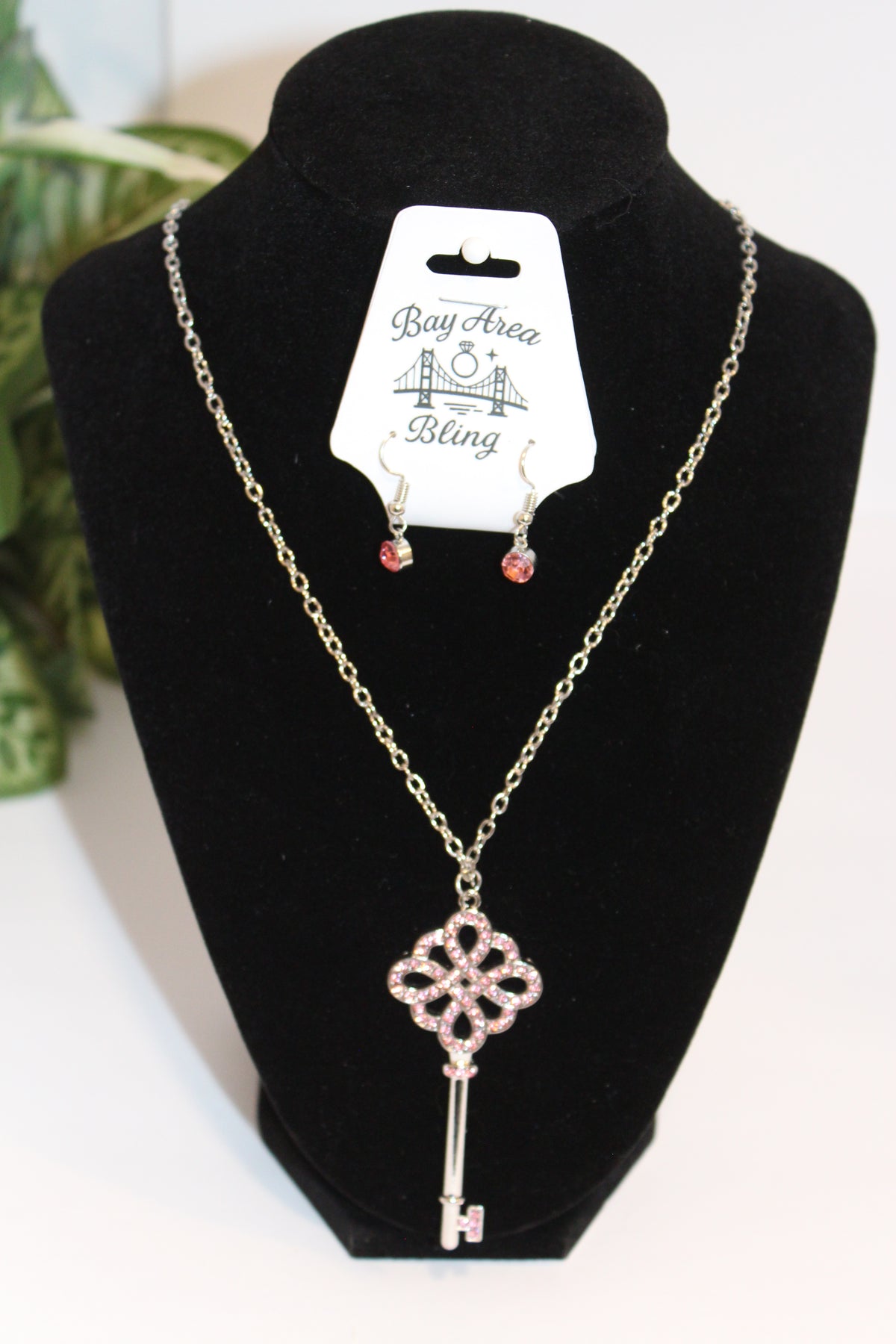 Earrings/Necklace Combo - Pink Rhinestone Key Pendant Necklace & Earring Set