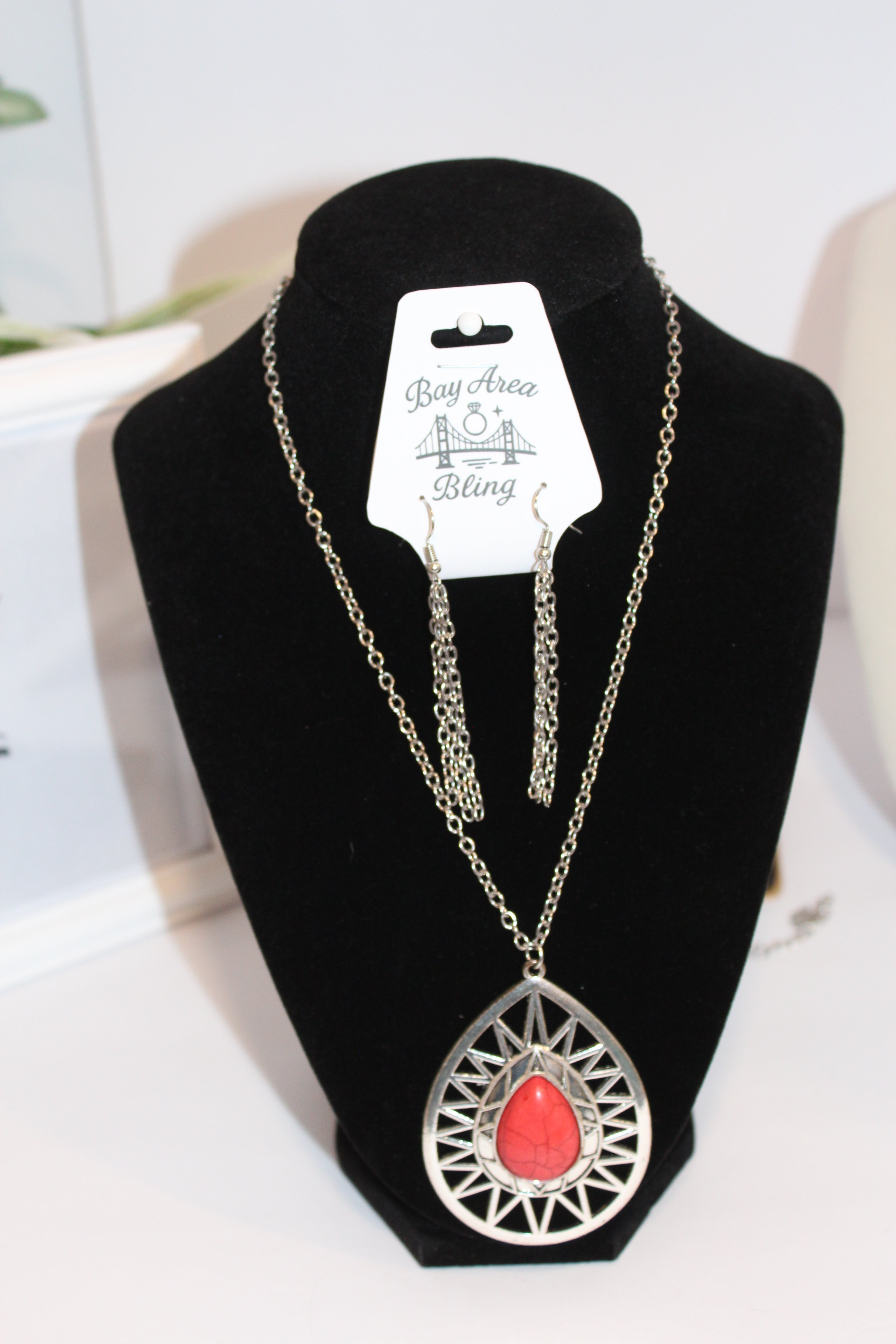 Earrings/Necklace Combo -Red Teardrop Statement Necklace & Chain Earring Set