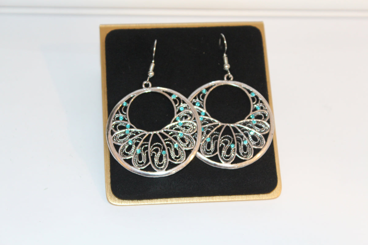 Earrings - Silver Filigree Hoop Earrings with Turquoise Accents