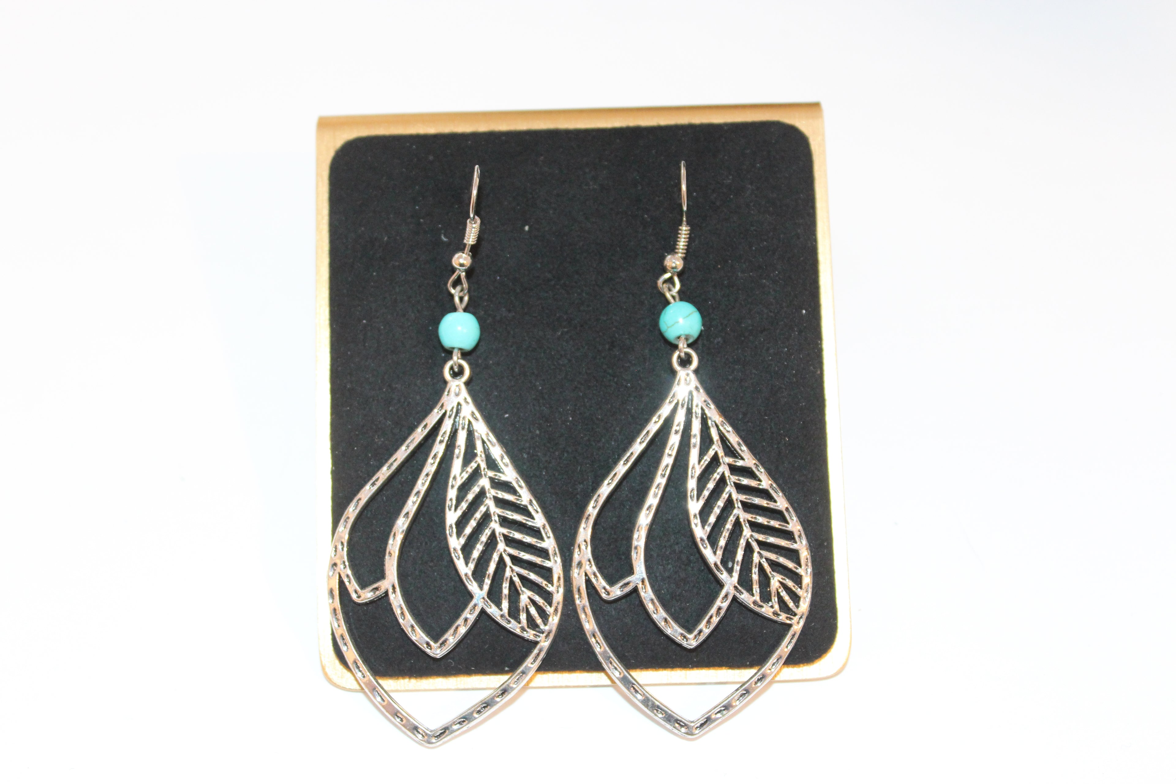 Earrings - Silver Leaf Drop Earrings with Turquoise Bead Accent