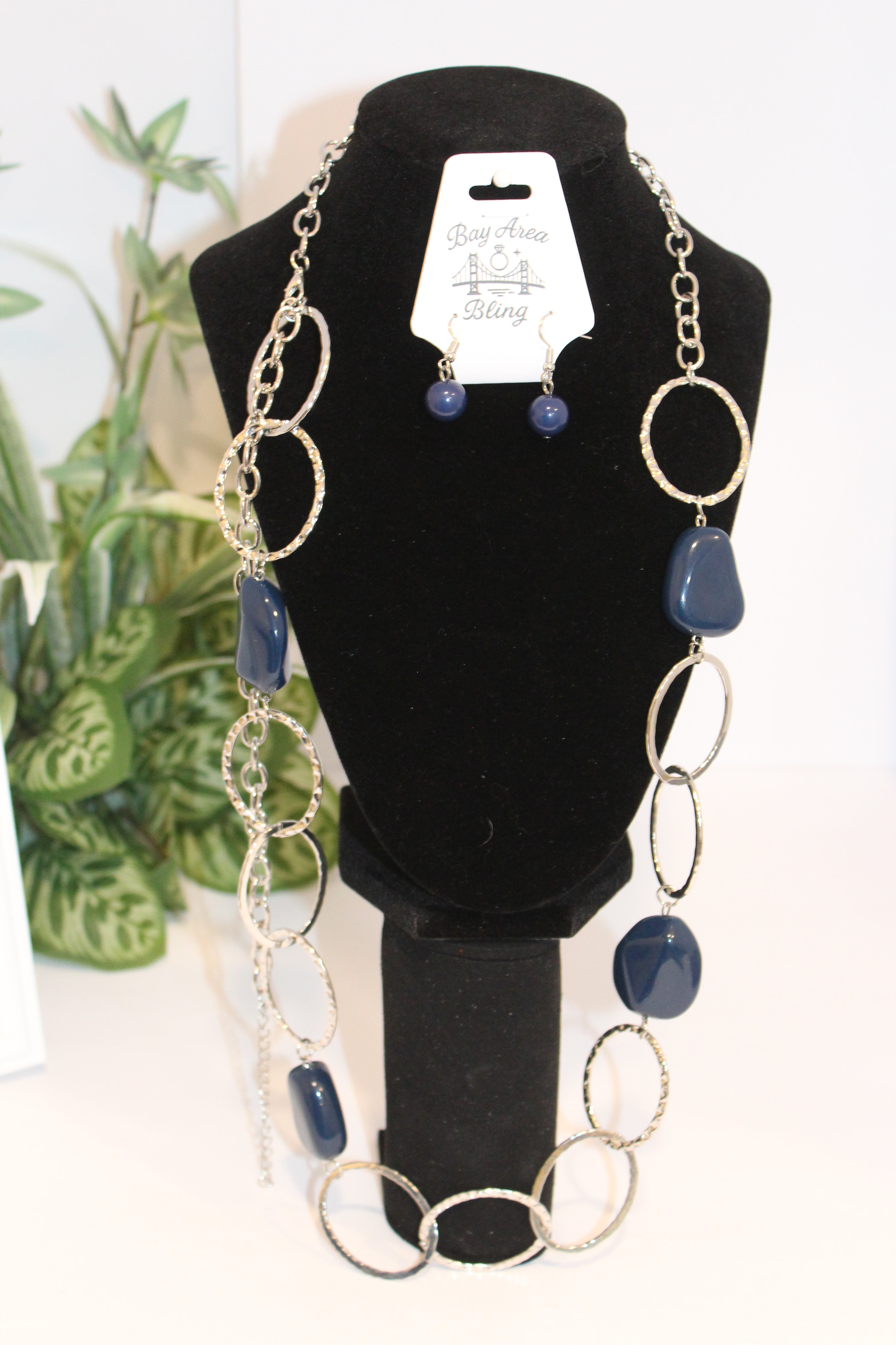 Earrings/Necklace Combo - Silver Link and Navy Bead Statement Necklace & Earring Set